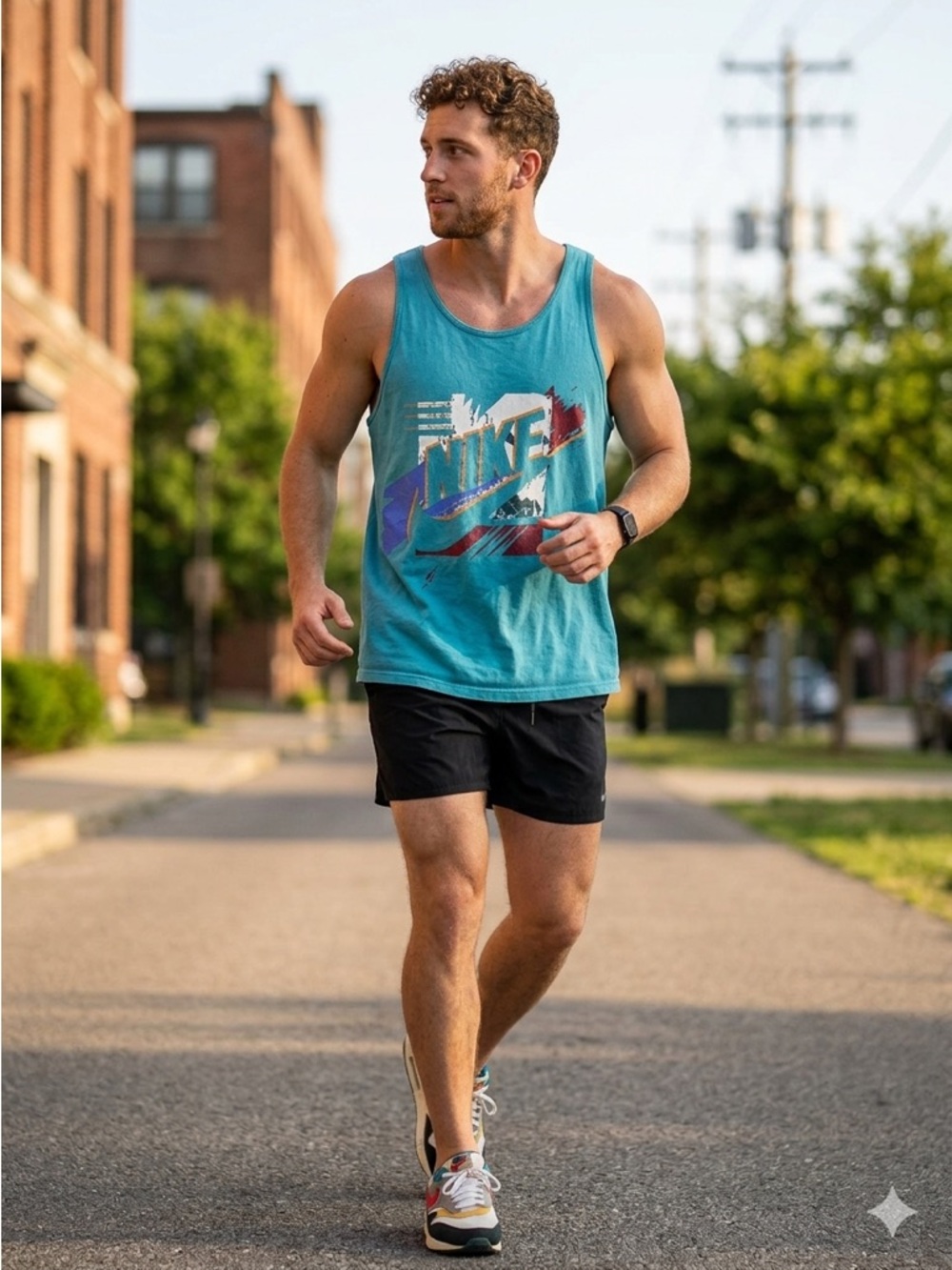 NIKE 90s Vintage Muscle T-Shirt Tank Top Teal/Multi Graphic Front Print Men's XL